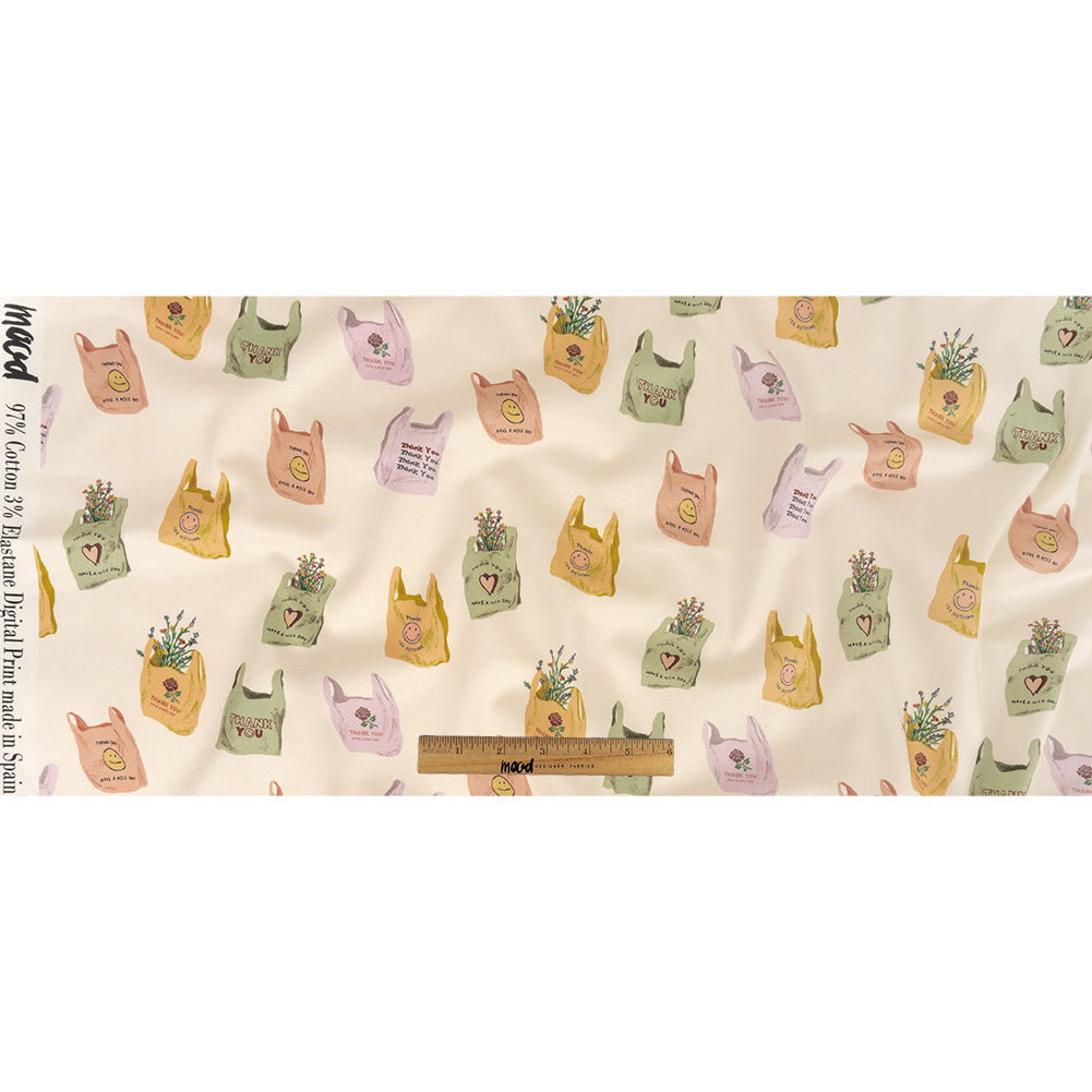 Stretch Cotton Sateen - Purple, Yellow and Green Shopping Bags - Come Again Soon Print - Mood Exclusive Wisteria Collection Full Stretch Cotton Sateen - Purple, Yellow and Green Shopping Bags - Come Again Soon Print - Mood Exclusive Wisteria Collection Full