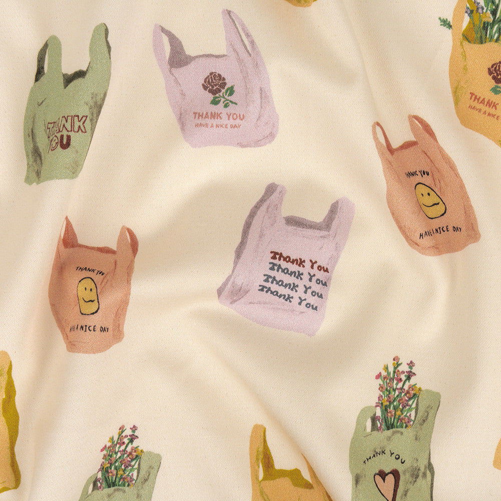Stretch Cotton Sateen - Purple, Yellow and Green Shopping Bags - Come Again Soon Print - Mood Exclusive Wisteria Collection Stretch Cotton Sateen - Purple, Yellow and Green Shopping Bags - Come Again Soon Print - Mood Exclusive Wisteria Collection