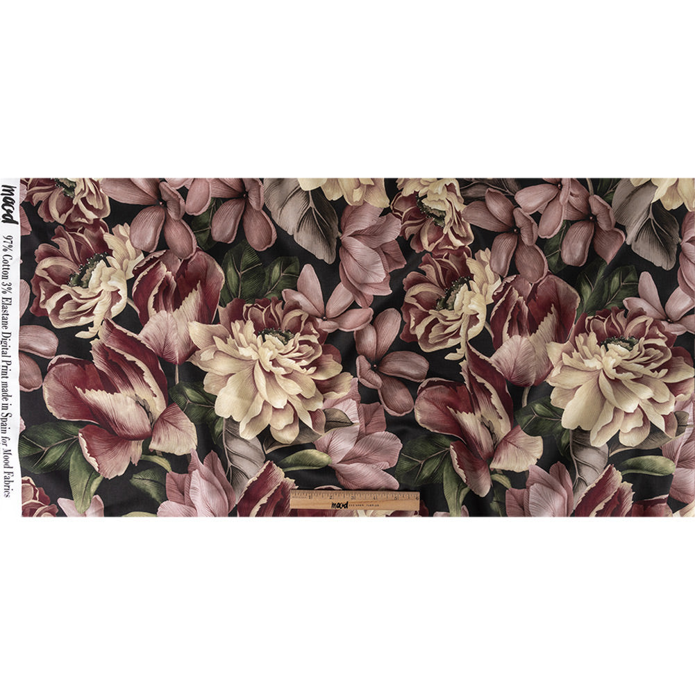Stretch Cotton Sateen - Black and Plum Floral - Vision of Romance Print - Mood Exclusive Wisteria Collection Full Stretch Cotton Sateen - Black and Plum Floral - Vision of Romance Print - Mood Exclusive Wisteria Collection Full