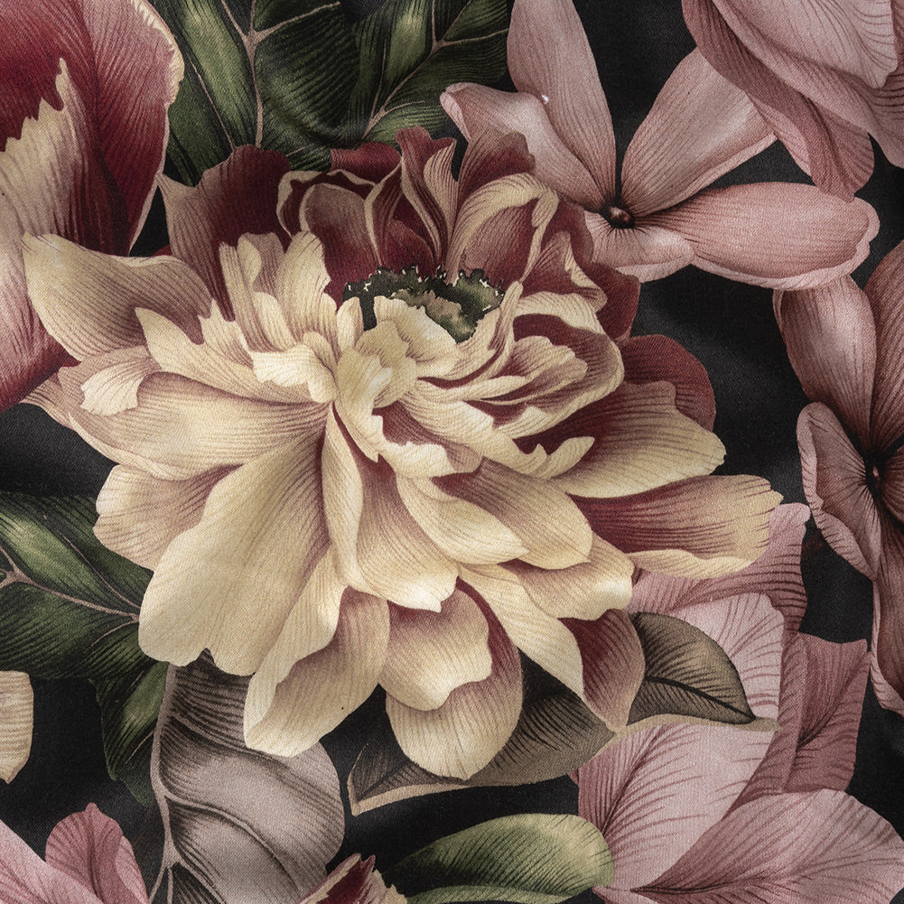 Stretch Cotton Sateen - Black and Plum Floral - Vision of Romance Print - Mood Exclusive Wisteria Collection Stretch Cotton Sateen - Black and Plum Floral - Vision of Romance Print - Mood Exclusive Wisteria Collection