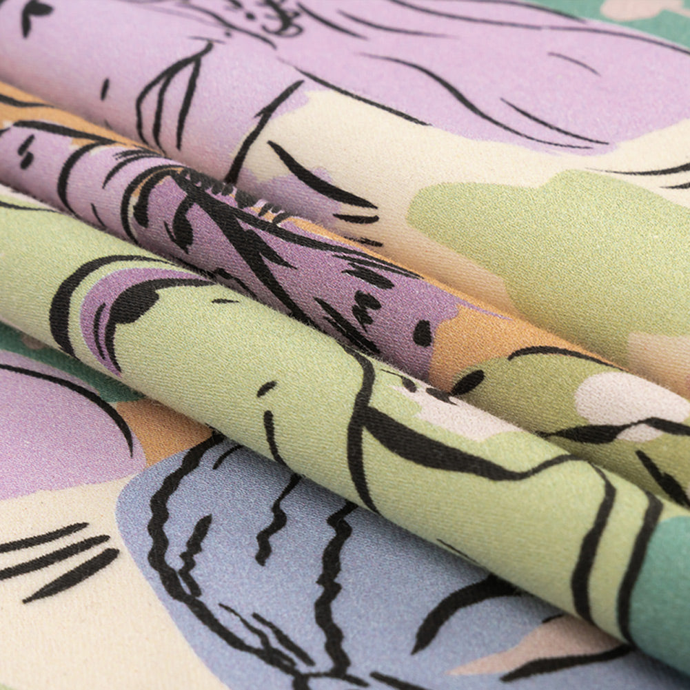 Stretch Cotton Sateen - Purple and Green Figures and Doodles - Serene Souls Print - Mood Exclusive Wisteria Collection Folded Stretch Cotton Sateen - Purple and Green Figures and Doodles - Serene Souls Print - Mood Exclusive Wisteria Collection Folded