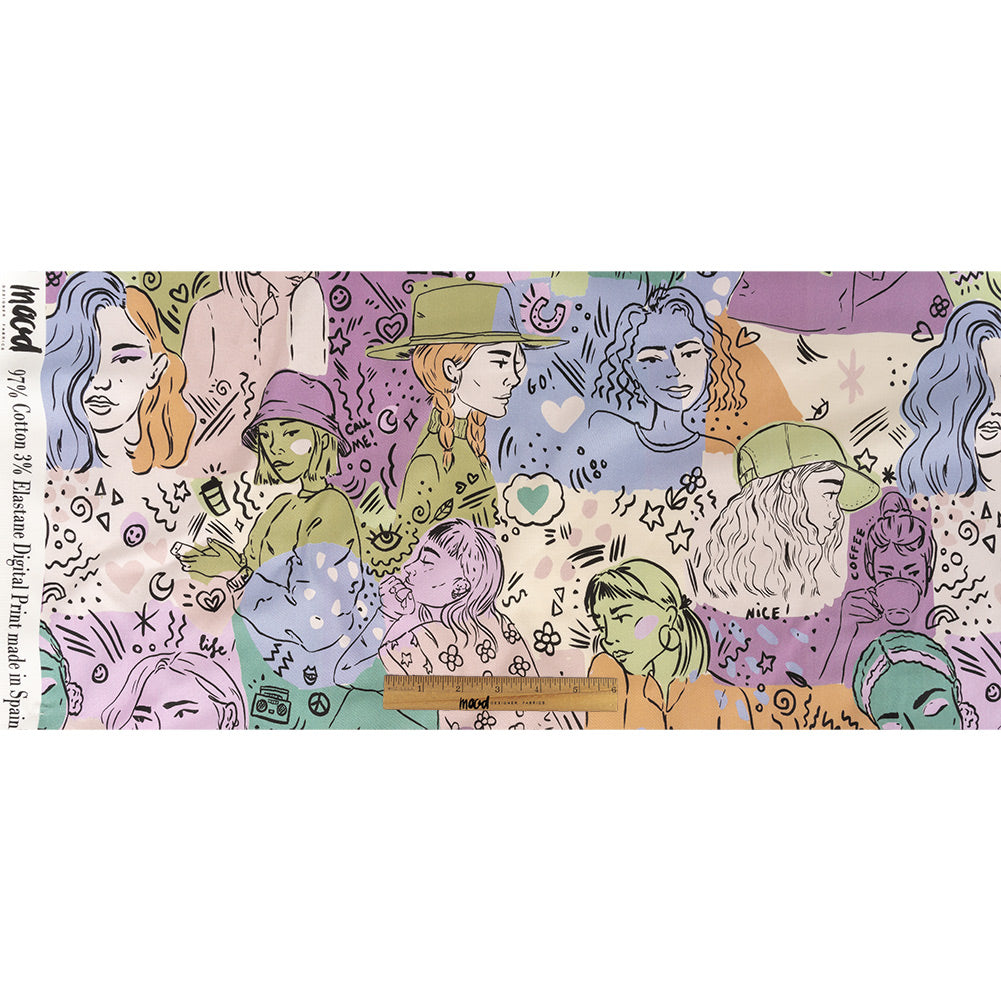 Stretch Cotton Sateen - Purple and Green Figures and Doodles - Serene Souls Print - Mood Exclusive Wisteria Collection Full Stretch Cotton Sateen - Purple and Green Figures and Doodles - Serene Souls Print - Mood Exclusive Wisteria Collection Full