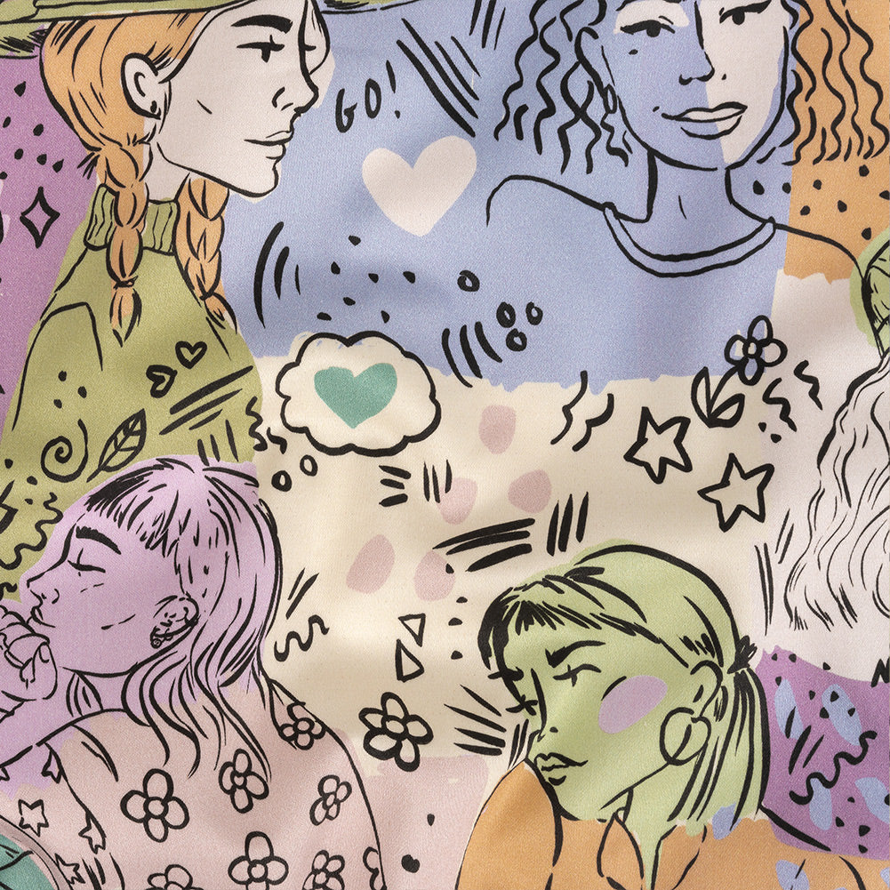 Stretch Cotton Sateen - Purple and Green Figures and Doodles - Serene Souls Print - Mood Exclusive Wisteria Collection Stretch Cotton Sateen - Purple and Green Figures and Doodles - Serene Souls Print - Mood Exclusive Wisteria Collection
