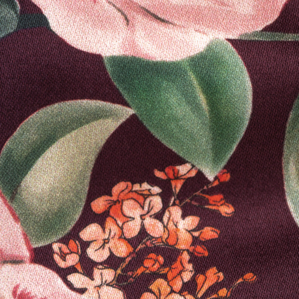Stretch Cotton Sateen - Deep Purple Floral - Baroque Bouquet Print - Mood Exclusive Wisteria Collection Detail Stretch Cotton Sateen - Deep Purple Floral - Baroque Bouquet Print - Mood Exclusive Wisteria Collection Detail