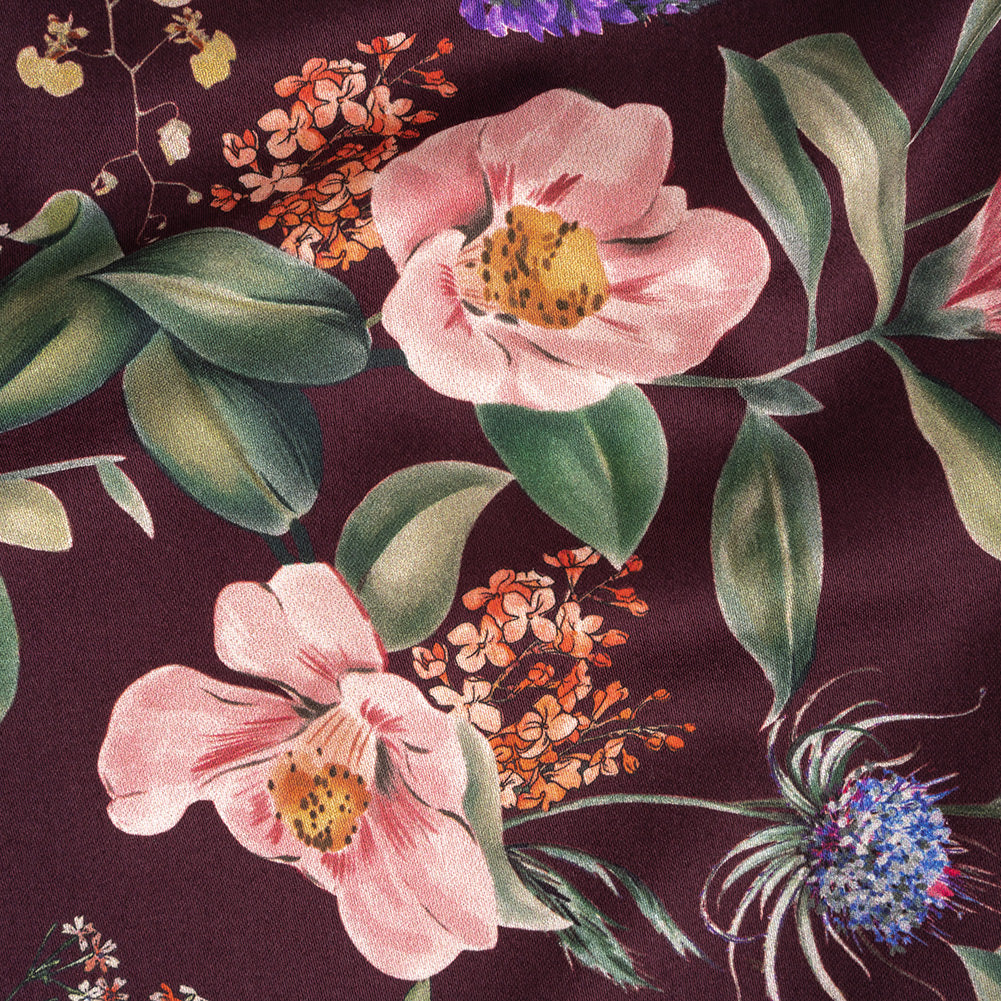 Stretch Cotton Sateen - Deep Purple Floral - Baroque Bouquet Print - Mood Exclusive Wisteria Collection Stretch Cotton Sateen - Deep Purple Floral - Baroque Bouquet Print - Mood Exclusive Wisteria Collection