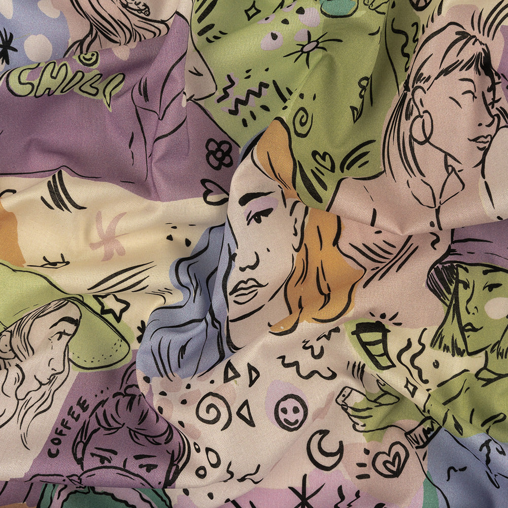 Cotton Voile - Purple and Green Figures and Doodles - Serene Souls Print - Mood Exclusive Wisteria Collection Cotton Voile - Purple and Green Figures and Doodles - Serene Souls Print - Mood Exclusive Wisteria Collection