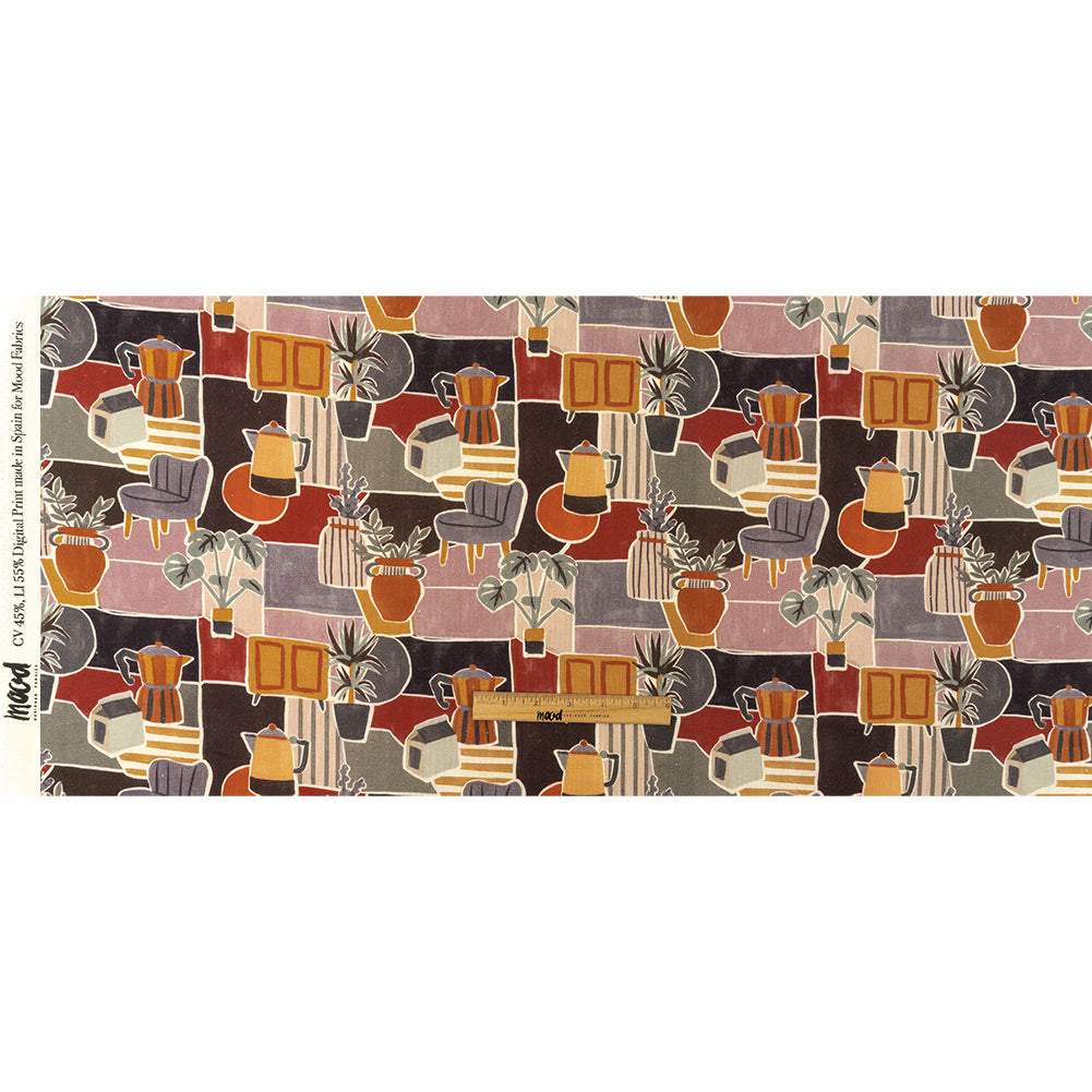 Linen and Rayon Woven - Purple and Orange Plants and Furniture - Peaceful Waking Print - Mood Exclusive Wisteria Collection Full Linen and Rayon Woven - Purple and Orange Plants and Furniture - Peaceful Waking Print - Mood Exclusive Wisteria Collection Full