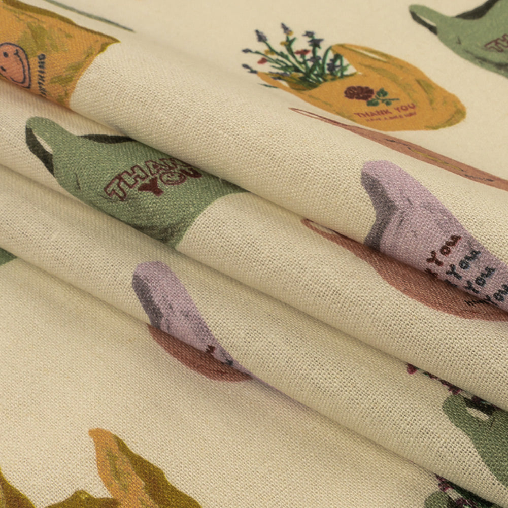 Linen and Rayon Woven - Purple, Yellow and Green Shopping Bags - Come Again Soon Print - Mood Exclusive Wisteria Collection Folded Linen and Rayon Woven - Purple, Yellow and Green Shopping Bags - Come Again Soon Print - Mood Exclusive Wisteria Collection Folded
