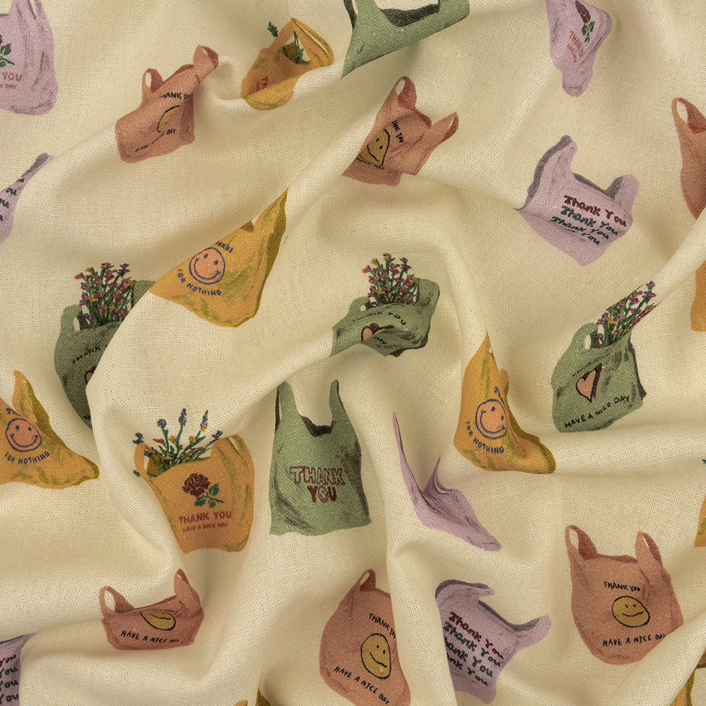 Linen and Rayon Woven - Purple, Yellow and Green Shopping Bags - Come Again Soon Print - Mood Exclusive Wisteria Collection Linen and Rayon Woven - Purple, Yellow and Green Shopping Bags - Come Again Soon Print - Mood Exclusive Wisteria Collection