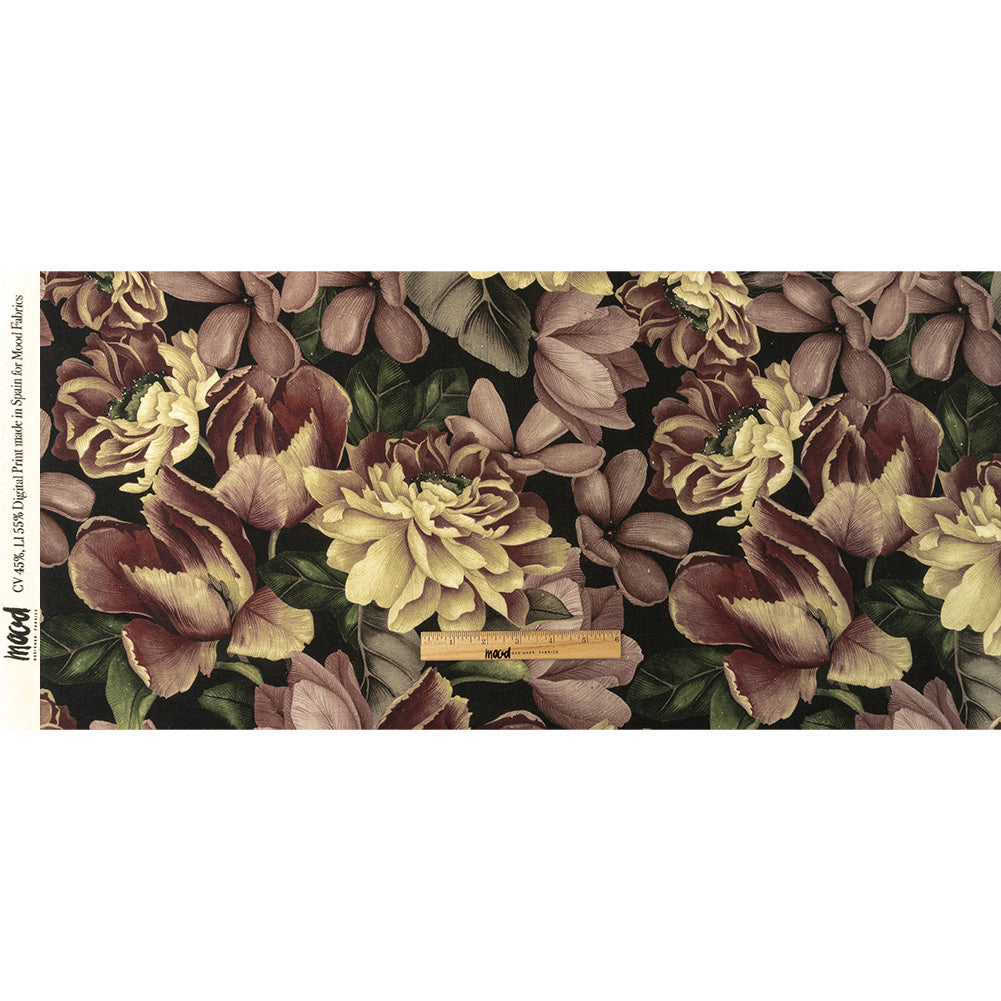 Linen and Rayon Woven - Black and Plum Floral - Vision of Romance Print - Mood Exclusive Wisteria Collection Full Linen and Rayon Woven - Black and Plum Floral - Vision of Romance Print - Mood Exclusive Wisteria Collection Full