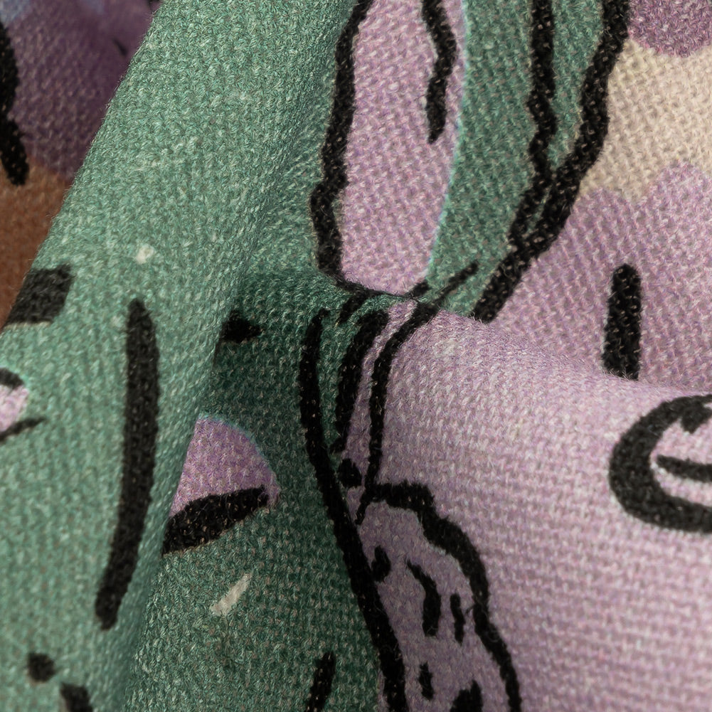 Linen and Rayon Woven - Purple and Green Figures and Doodles - Serene Souls Print - Mood Exclusive Wisteria Collection Detail Linen and Rayon Woven - Purple and Green Figures and Doodles - Serene Souls Print - Mood Exclusive Wisteria Collection Detail