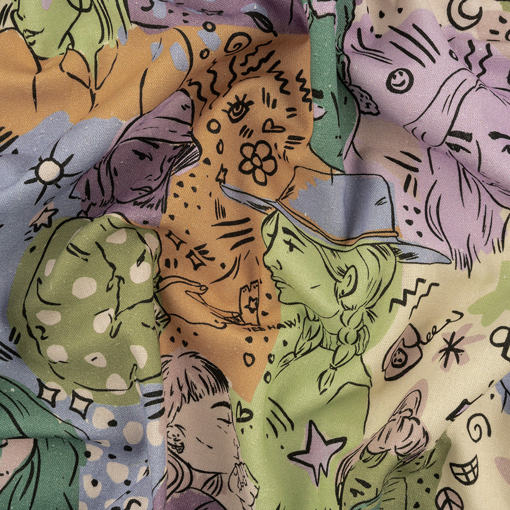 Linen and Rayon Woven - Purple and Green Figures and Doodles - Serene Souls Print - Mood Exclusive Wisteria Collection Linen and Rayon Woven - Purple and Green Figures and Doodles - Serene Souls Print - Mood Exclusive Wisteria Collection