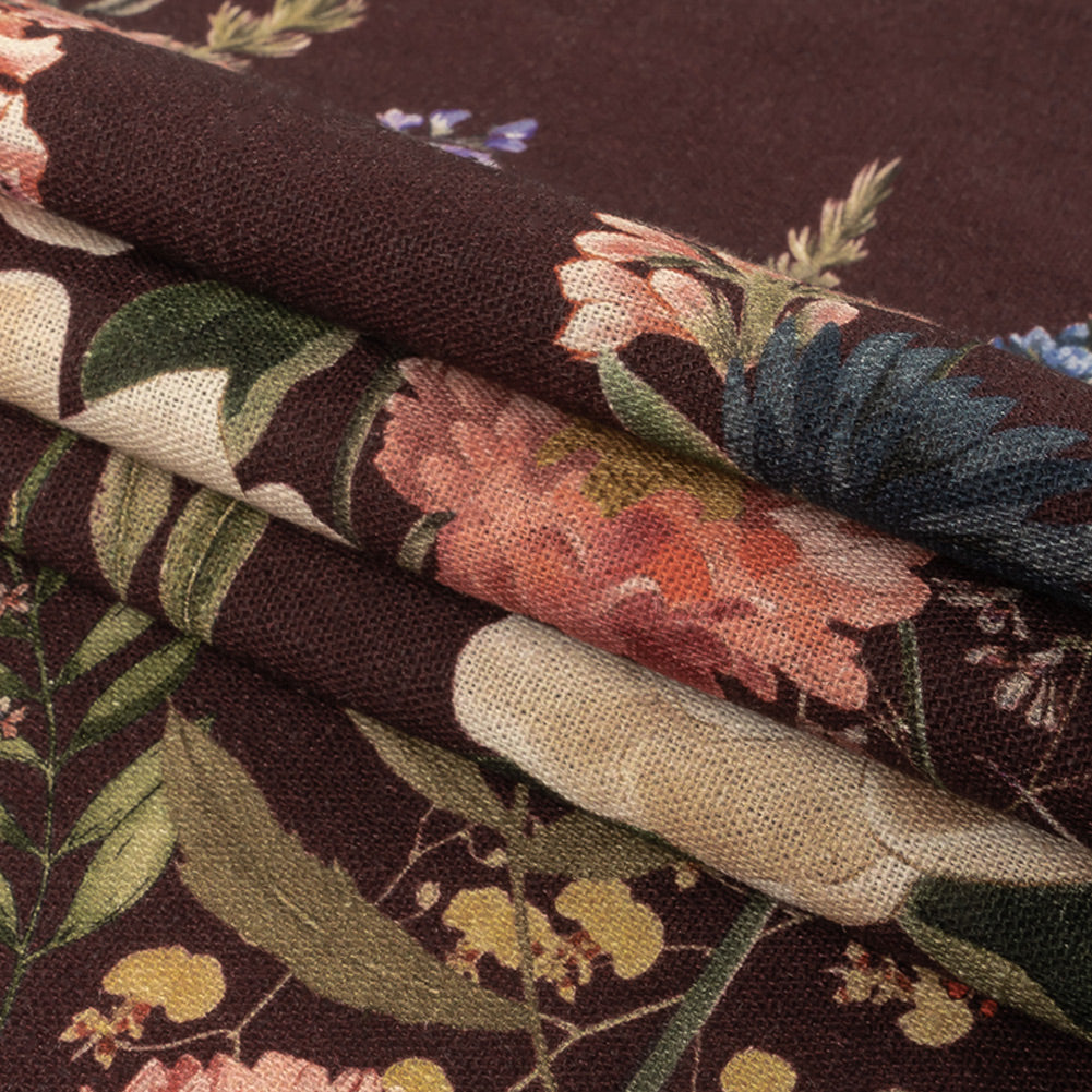 Linen and Rayon Woven - Deep Purple Floral - Baroque Bouquet Print - Mood Exclusive Wisteria Collection Folded Linen and Rayon Woven - Deep Purple Floral - Baroque Bouquet Print - Mood Exclusive Wisteria Collection Folded