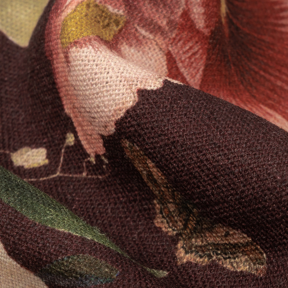 Linen and Rayon Woven - Deep Purple Floral - Baroque Bouquet Print - Mood Exclusive Wisteria Collection Detail Linen and Rayon Woven - Deep Purple Floral - Baroque Bouquet Print - Mood Exclusive Wisteria Collection Detail