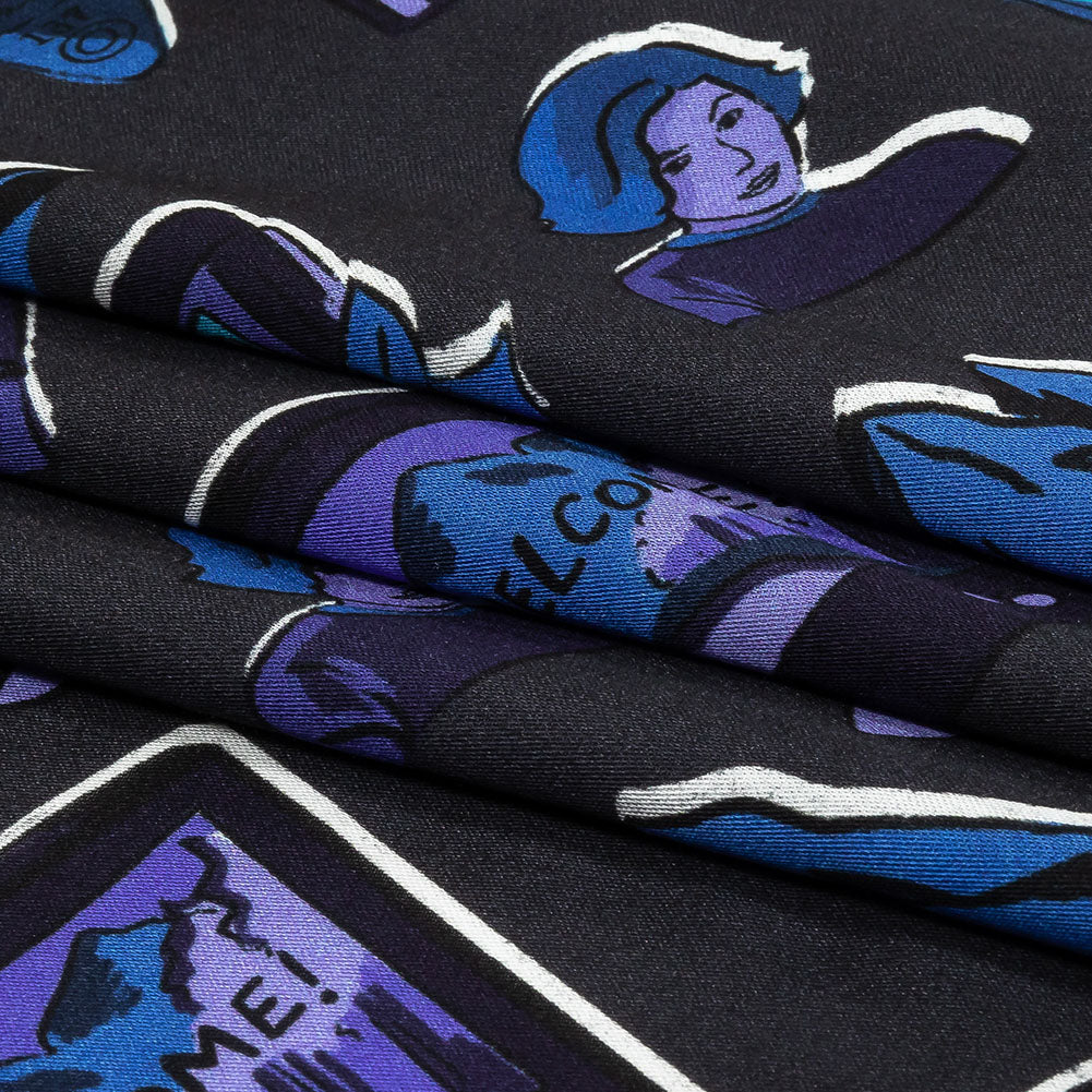 Rayon Challis - Purple and Blue Iconic Symbols - Live at Sun Studio Print - Mood Exclusive Indigo Collection - Folded Rayon Challis - Purple and Blue Iconic Symbols - Live at Sun Studio Print - Mood Exclusive Indigo Collection - Folded