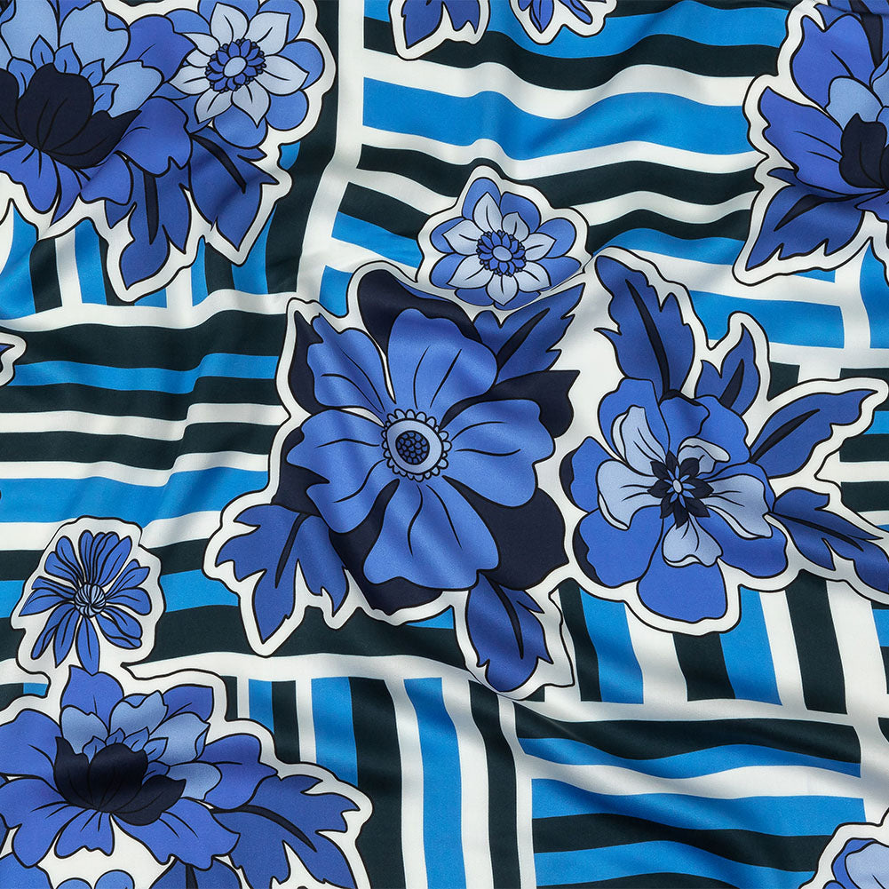 Rayon Challis - Flowers and Stripes - Stuck on Blue Print - Mood Exclusive Indigo Collection Rayon Challis - Flowers and Stripes - Stuck on Blue Print - Mood Exclusive Indigo Collection