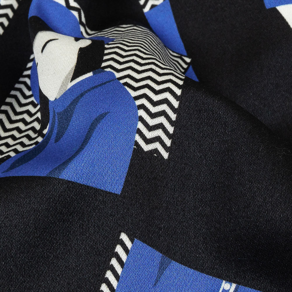 Stretch Cotton Sateen - Blue and Black Talking Heads - In the Blues Print - Mood Exclusive Indigo Collection Stretch Cotton Sateen - Blue and Black Talking Heads - In the Blues Print - Mood Exclusive Indigo Collection