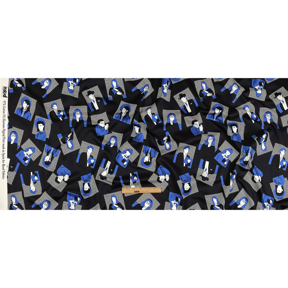 Stretch Cotton Sateen - Blue and Black Talking Heads - In the Blues Print - Mood Exclusive Indigo Collection Stretch Cotton Sateen - Blue and Black Talking Heads - In the Blues Print - Mood Exclusive Indigo Collection