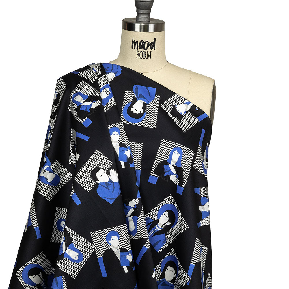 Stretch Cotton Sateen - Blue and Black Talking Heads - In the Blues Print - Mood Exclusive Indigo Collection Stretch Cotton Sateen - Blue and Black Talking Heads - In the Blues Print - Mood Exclusive Indigo Collection