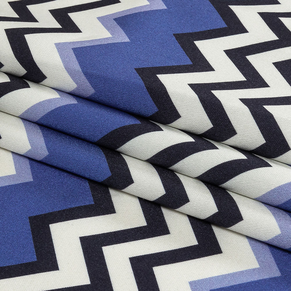Stretch Cotton Sateen - Blue and Black Zig Zags - Blues Night Print - Mood Exclusive Indigo Collection - Folded Stretch Cotton Sateen - Blue and Black Zig Zags - Blues Night Print - Mood Exclusive Indigo Collection - Folded