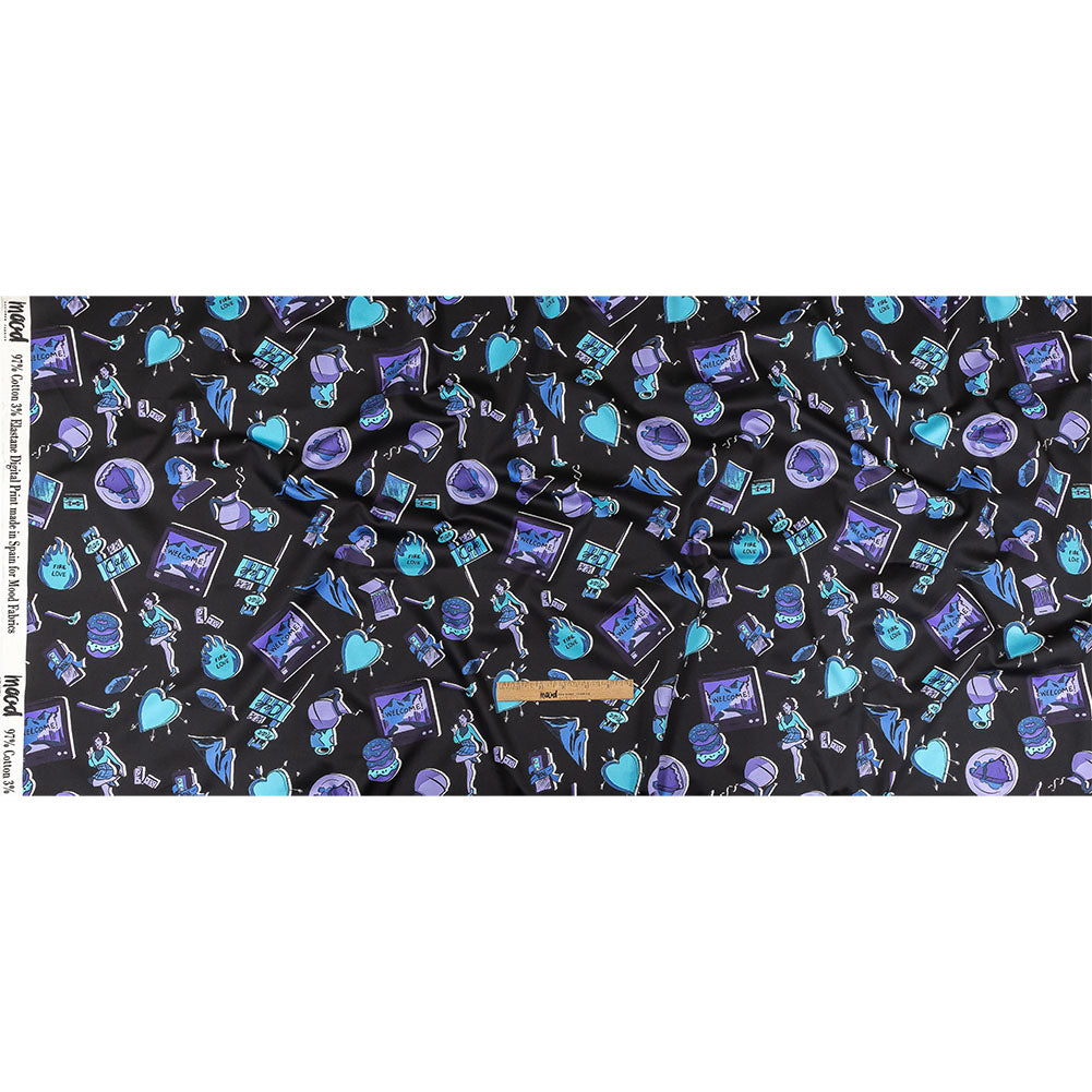Stretch Cotton Sateen - Purple and Blue Iconic Symbols - Live at Sun Studio Print - Mood Exclusive Indigo Collection - Full Stretch Cotton Sateen - Purple and Blue Iconic Symbols - Live at Sun Studio Print - Mood Exclusive Indigo Collection - Full