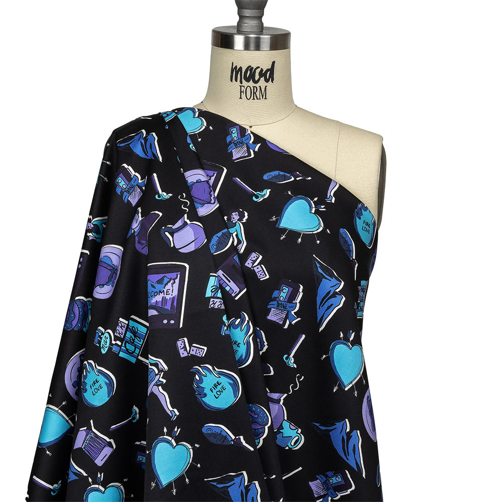 Stretch Cotton Sateen - Purple and Blue Iconic Symbols - Live at Sun Studio Print - Mood Exclusive Indigo Collection - Drape Stretch Cotton Sateen - Purple and Blue Iconic Symbols - Live at Sun Studio Print - Mood Exclusive Indigo Collection - Drape