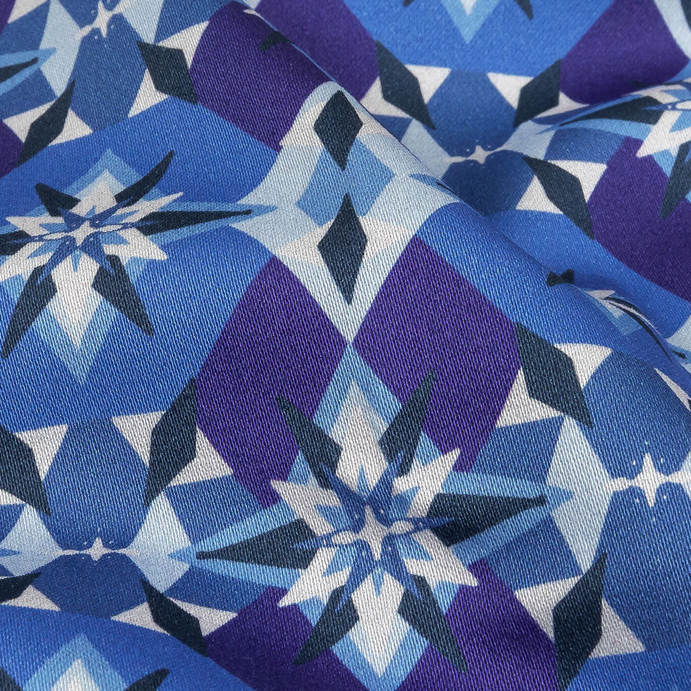 Stretch Cotton Sateen - Blue and Purple Geometric - Crystalline Culture Print - Mood Exclusive Indigo Collection Stretch Cotton Sateen - Blue and Purple Geometric - Crystalline Culture Print - Mood Exclusive Indigo Collection