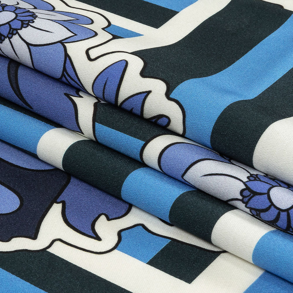 Stretch Cotton Sateen - Flowers and Stripes - Stuck on Blue Print - Mood Exclusive Indigo Collection Stretch Cotton Sateen - Flowers and Stripes - Stuck on Blue Print - Mood Exclusive Indigo Collection