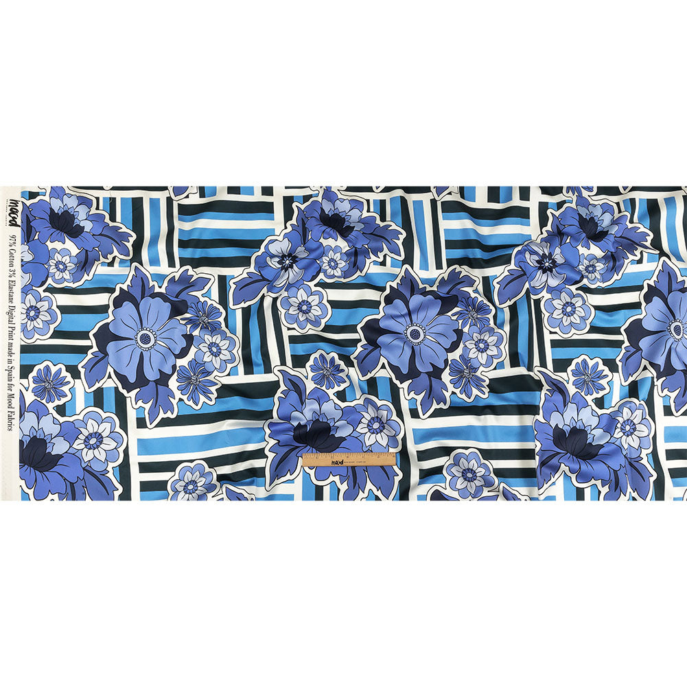 Stretch Cotton Sateen - Flowers and Stripes - Stuck on Blue Print - Mood Exclusive Indigo Collection Stretch Cotton Sateen - Flowers and Stripes - Stuck on Blue Print - Mood Exclusive Indigo Collection
