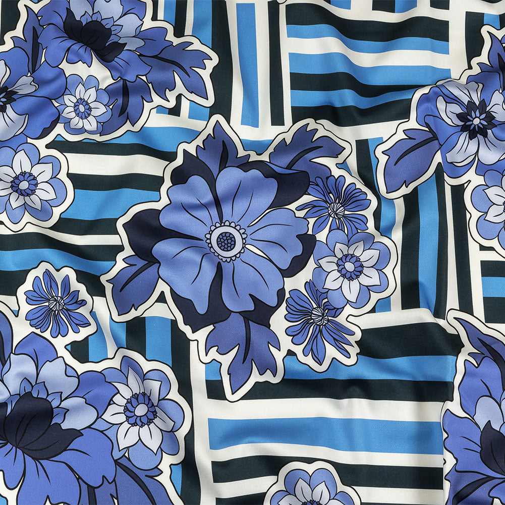 Stretch Cotton Sateen - Flowers and Stripes - Stuck on Blue Print - Mood Exclusive Indigo Collection Stretch Cotton Sateen - Flowers and Stripes - Stuck on Blue Print - Mood Exclusive Indigo Collection