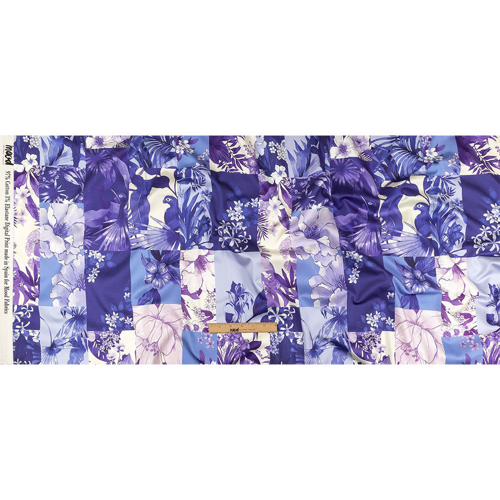 Stretch Cotton Sateen - Purple Floral Patchwork - Periwinkle Patch Print - Mood Exclusive Indigo Collection Stretch Cotton Sateen - Purple Floral Patchwork - Periwinkle Patch Print - Mood Exclusive Indigo Collection