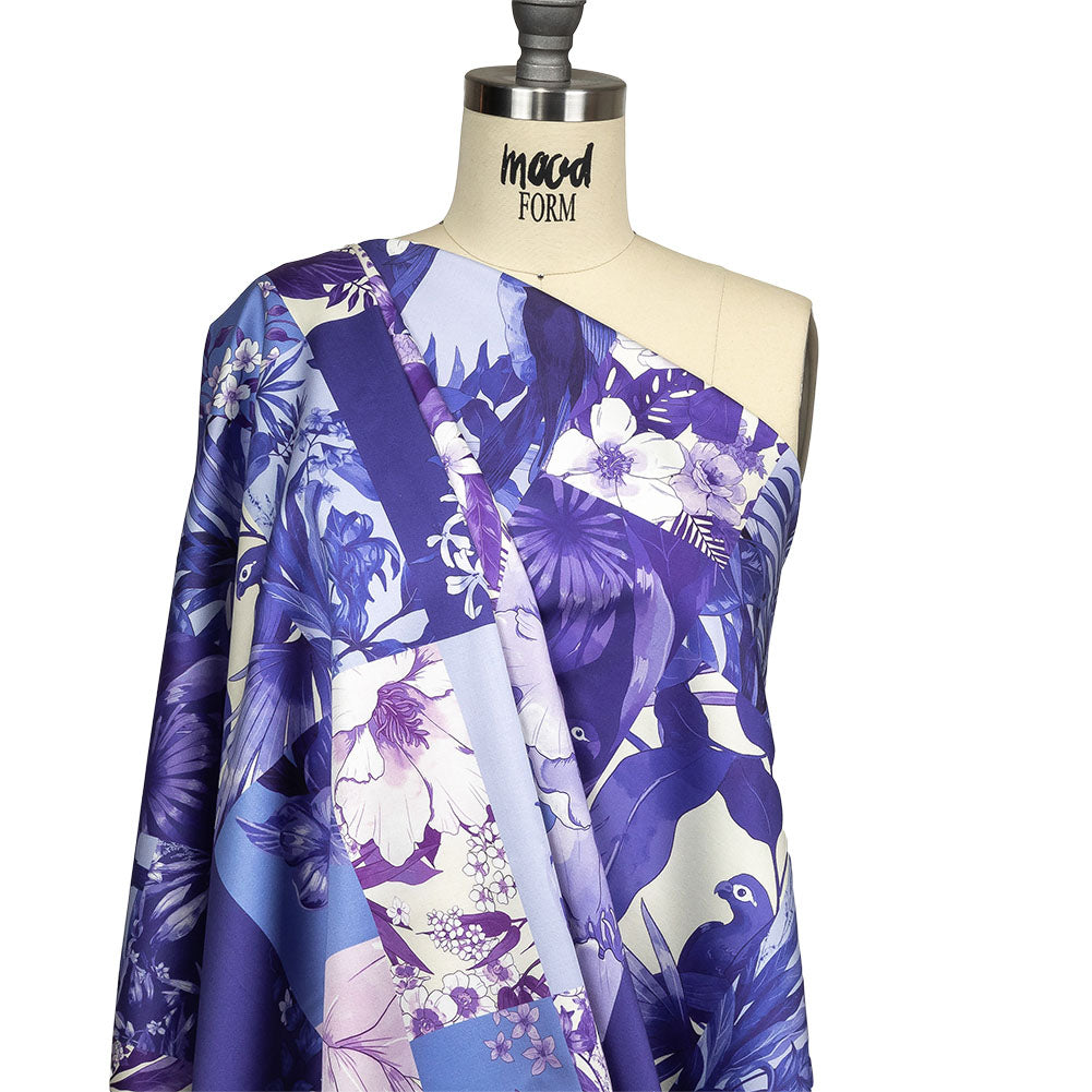 Stretch Cotton Sateen - Purple Floral Patchwork - Periwinkle Patch Print - Mood Exclusive Indigo Collection Stretch Cotton Sateen - Purple Floral Patchwork - Periwinkle Patch Print - Mood Exclusive Indigo Collection