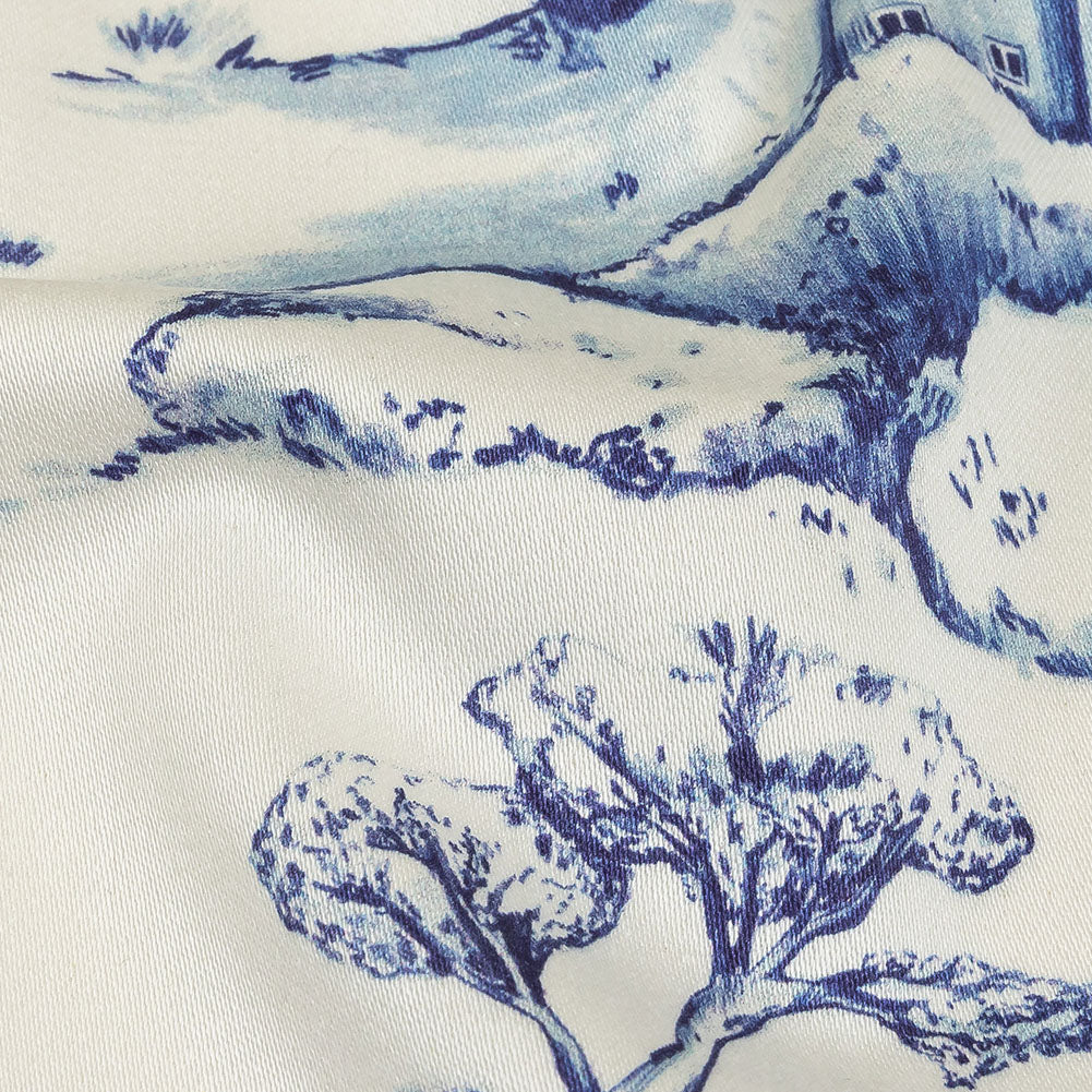 Stretch Cotton Sateen - Blue and White Toile - Blue Period Print - Mood Exclusive Indigo Collection Stretch Cotton Sateen - Blue and White Toile - Blue Period Print - Mood Exclusive Indigo Collection