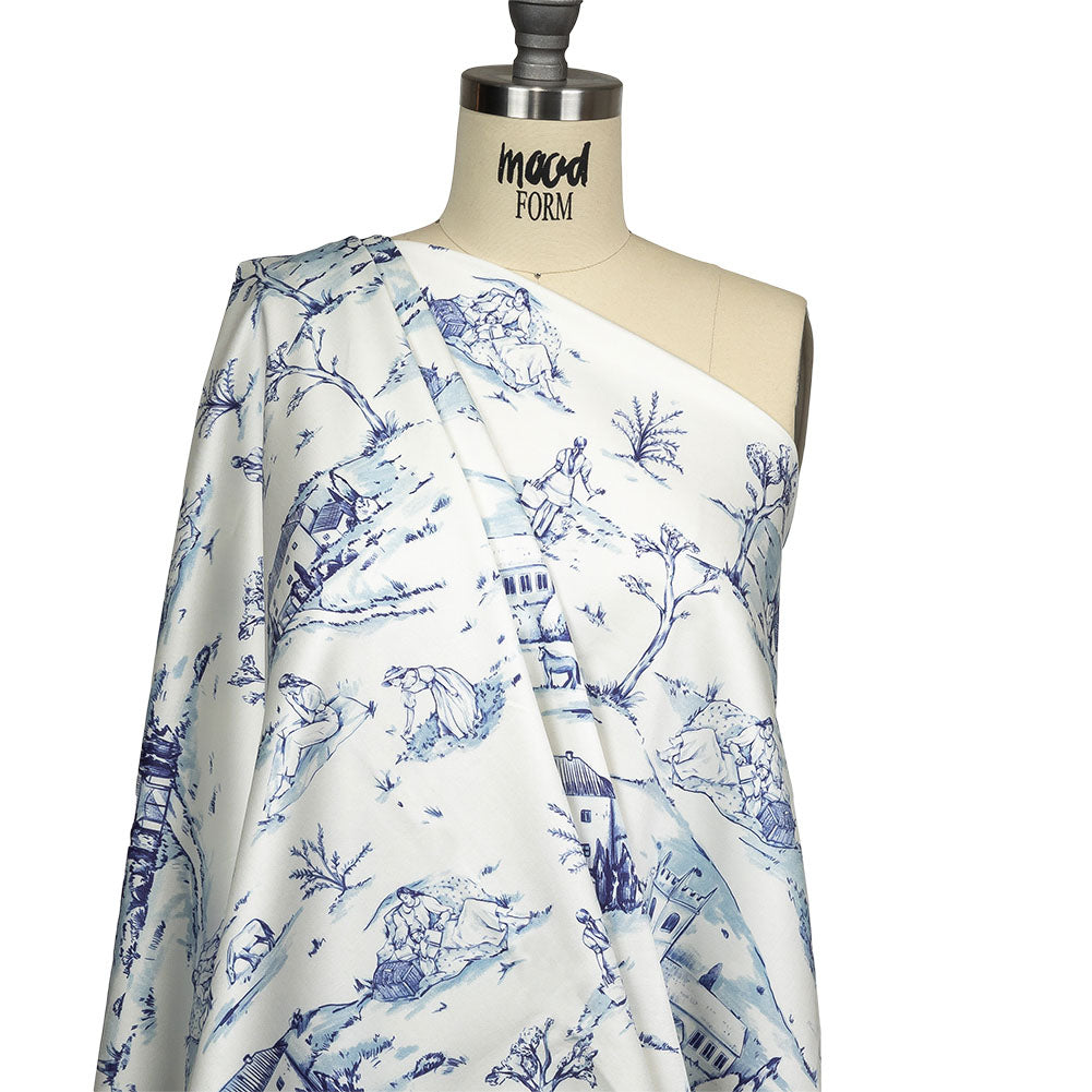 Stretch Cotton Sateen - Blue and White Toile - Blue Period Print - Mood Exclusive Indigo Collection Stretch Cotton Sateen - Blue and White Toile - Blue Period Print - Mood Exclusive Indigo Collection