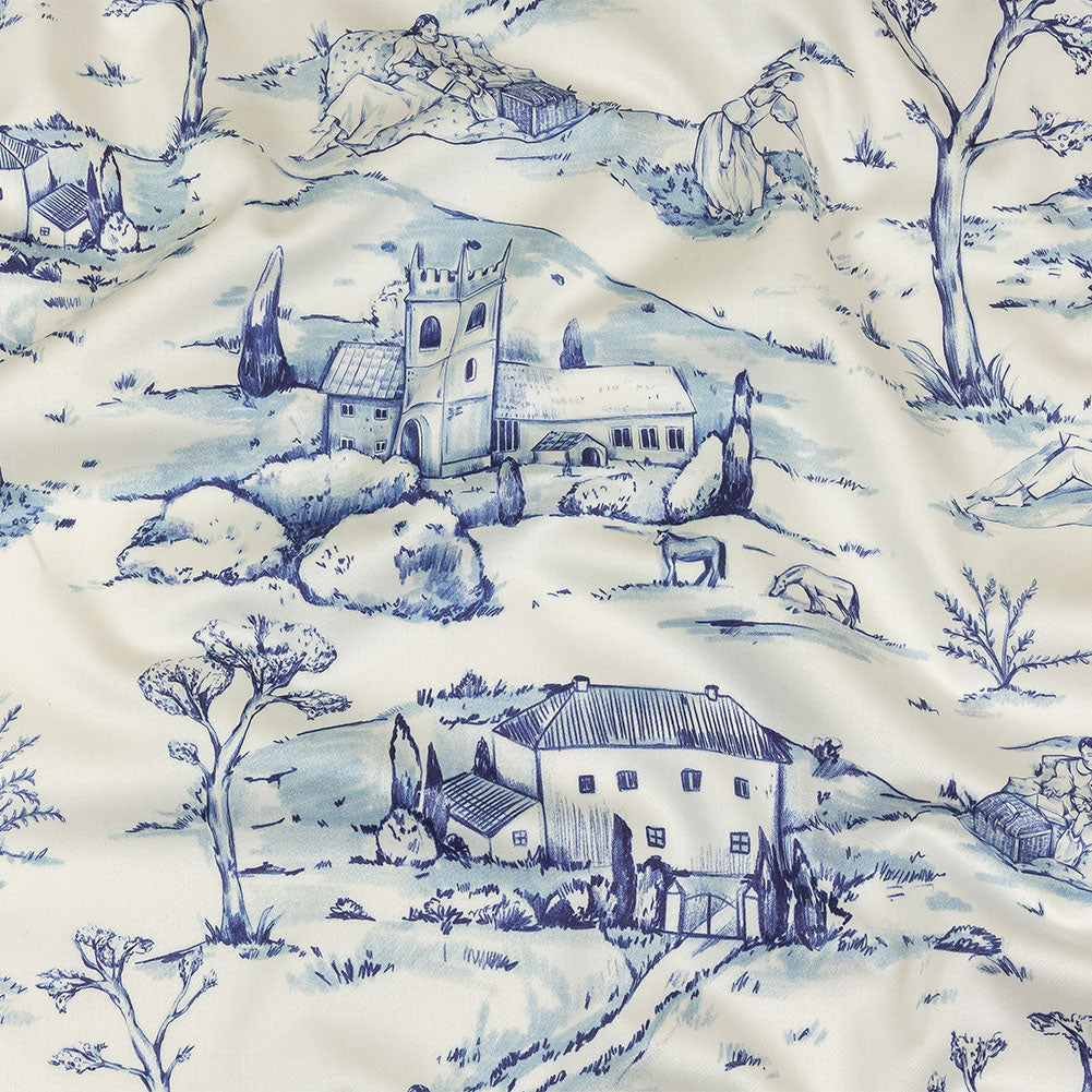 Stretch Cotton Sateen - Blue and White Toile - Blue Period Print - Mood Exclusive Indigo Collection Stretch Cotton Sateen - Blue and White Toile - Blue Period Print - Mood Exclusive Indigo Collection