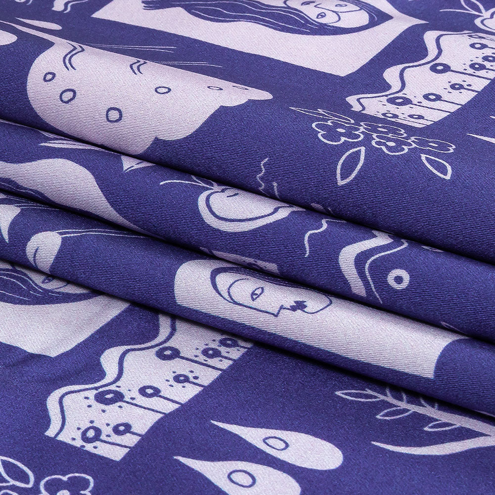 Stretch Cotton Sateen - Purple Illustrative Symbols - Indigo For It Print - Mood Exclusive Indigo Collection - Folded Stretch Cotton Sateen - Purple Illustrative Symbols - Indigo For It Print - Mood Exclusive Indigo Collection - Folded