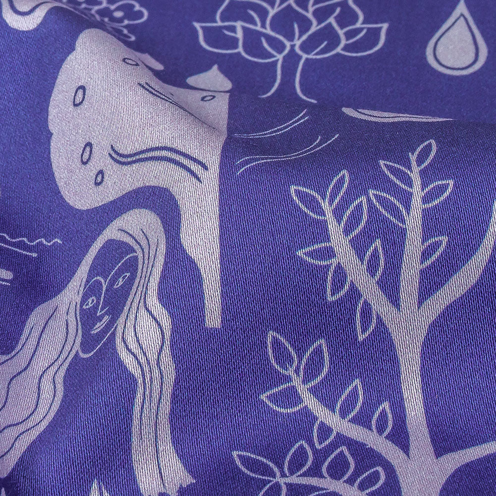 Stretch Cotton Sateen - Purple Illustrative Symbols - Indigo For It Print - Mood Exclusive Indigo Collection - Detail Stretch Cotton Sateen - Purple Illustrative Symbols - Indigo For It Print - Mood Exclusive Indigo Collection - Detail