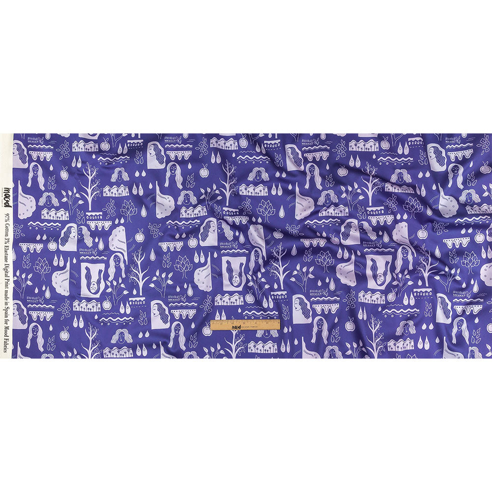 Stretch Cotton Sateen - Purple Illustrative Symbols - Indigo For It Print - Mood Exclusive Indigo Collection - Full Stretch Cotton Sateen - Purple Illustrative Symbols - Indigo For It Print - Mood Exclusive Indigo Collection - Full