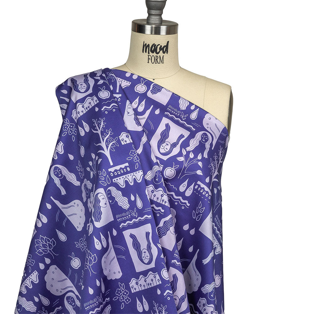 Stretch Cotton Sateen - Purple Illustrative Symbols - Indigo For It Print - Mood Exclusive Indigo Collection - Drape Stretch Cotton Sateen - Purple Illustrative Symbols - Indigo For It Print - Mood Exclusive Indigo Collection - Drape