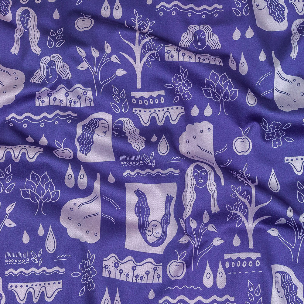 Stretch Cotton Sateen - Purple Illustrative Symbols - Indigo For It Print - Mood Exclusive Indigo Collection Stretch Cotton Sateen - Purple Illustrative Symbols - Indigo For It Print - Mood Exclusive Indigo Collection