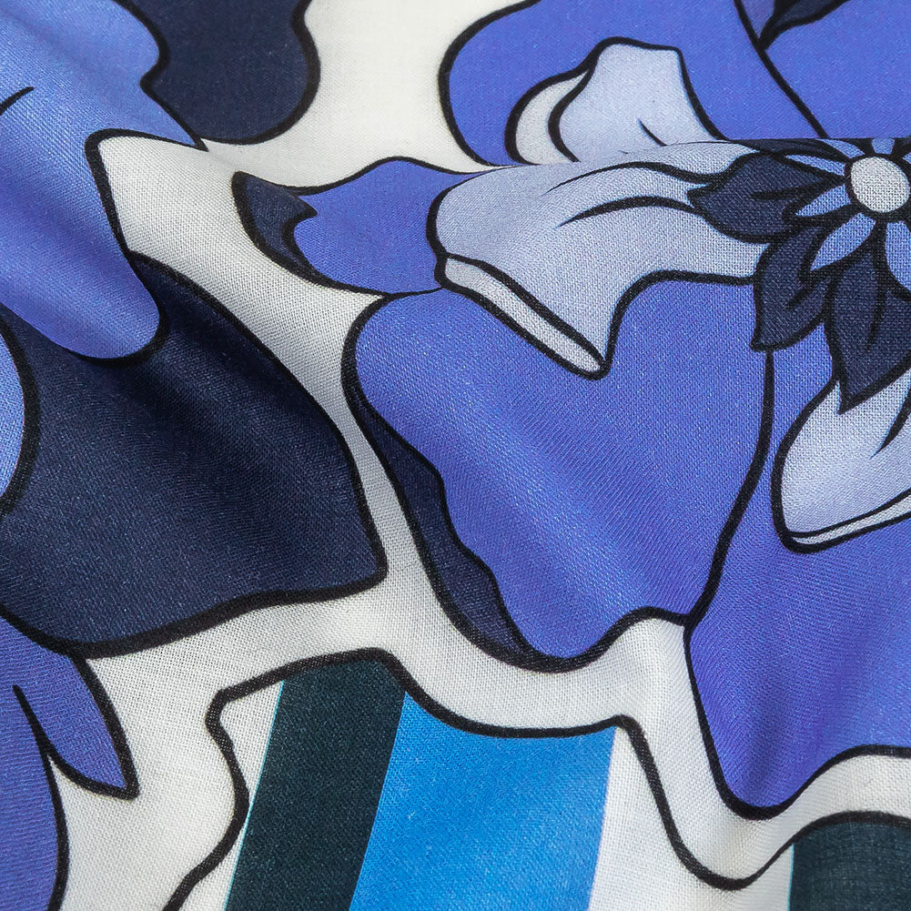 Cotton Voile - Flowers and Stripes - Stuck on Blue Print - Mood Exclusive Indigo Collection Cotton Voile - Flowers and Stripes - Stuck on Blue Print - Mood Exclusive Indigo Collection