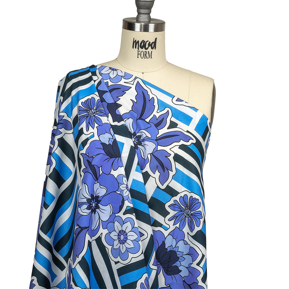 Cotton Voile - Flowers and Stripes - Stuck on Blue Print - Mood Exclusive Indigo Collection Cotton Voile - Flowers and Stripes - Stuck on Blue Print - Mood Exclusive Indigo Collection