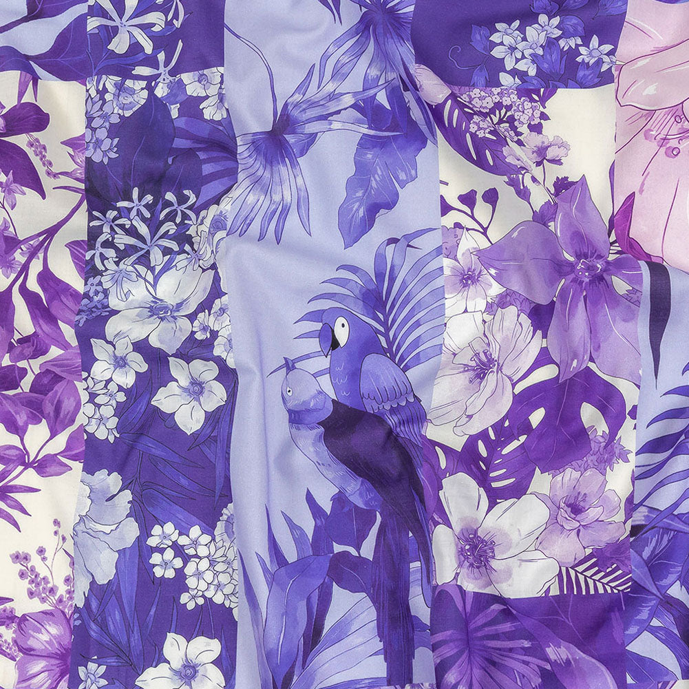 Cotton Voile - Purple Floral Patchwork - Periwinkle Patch Print - Mood