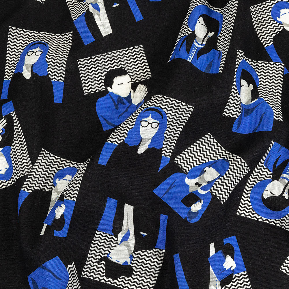 Linen and Rayon Woven - Blue and Black Talking Heads - In the Blues Print - Mood Exclusive Indigo Collection Linen and Rayon Woven - Blue and Black Talking Heads - In the Blues Print - Mood Exclusive Indigo Collection