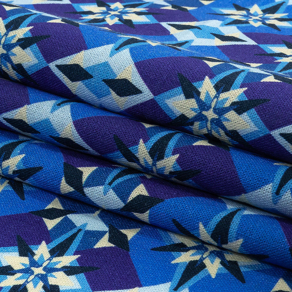 Linen and Rayon Woven - Blue and Purple Geometric - Crystalline Culture Print - Mood Exclusive Indigo Collection Linen and Rayon Woven - Blue and Purple Geometric - Crystalline Culture Print - Mood Exclusive Indigo Collection