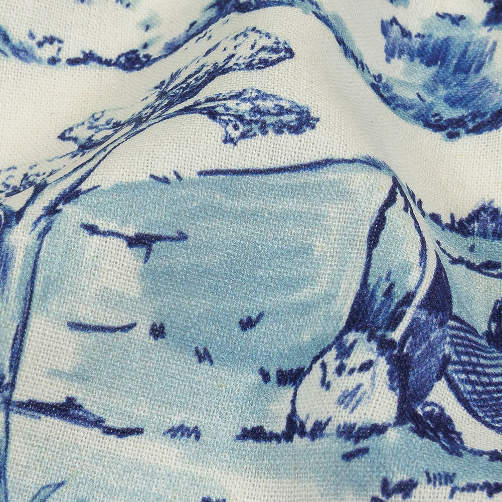 Linen and Rayon Woven - Blue and White Toile - Blue Period Print - Mood Exclusive Indigo Collection Linen and Rayon Woven - Blue and White Toile - Blue Period Print - Mood Exclusive Indigo Collection