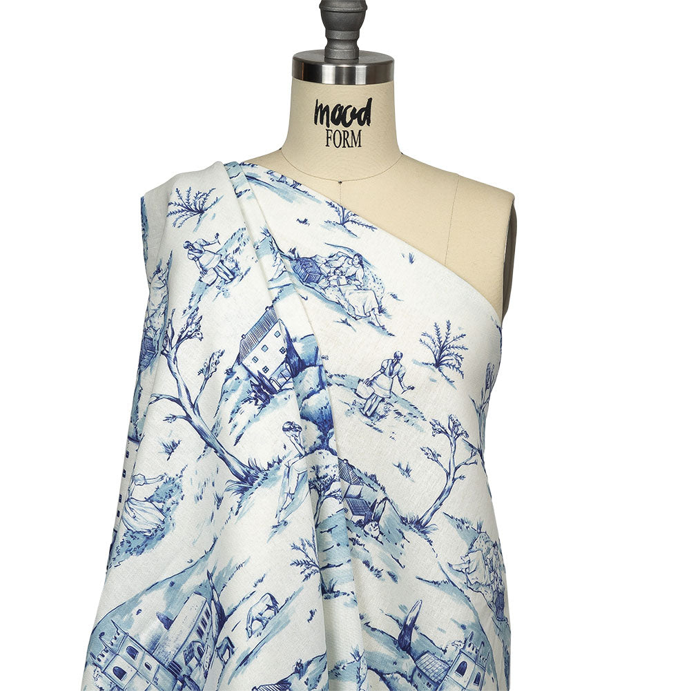 Linen and Rayon Woven - Blue and White Toile - Blue Period Print - Mood Exclusive Indigo Collection Linen and Rayon Woven - Blue and White Toile - Blue Period Print - Mood Exclusive Indigo Collection