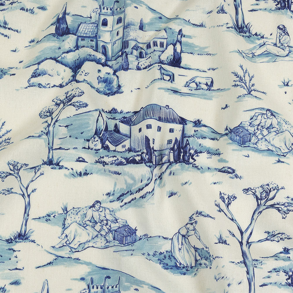 Linen and Rayon Woven - Blue and White Toile - Blue Period Print - Mood Exclusive Indigo Collection Linen and Rayon Woven - Blue and White Toile - Blue Period Print - Mood Exclusive Indigo Collection