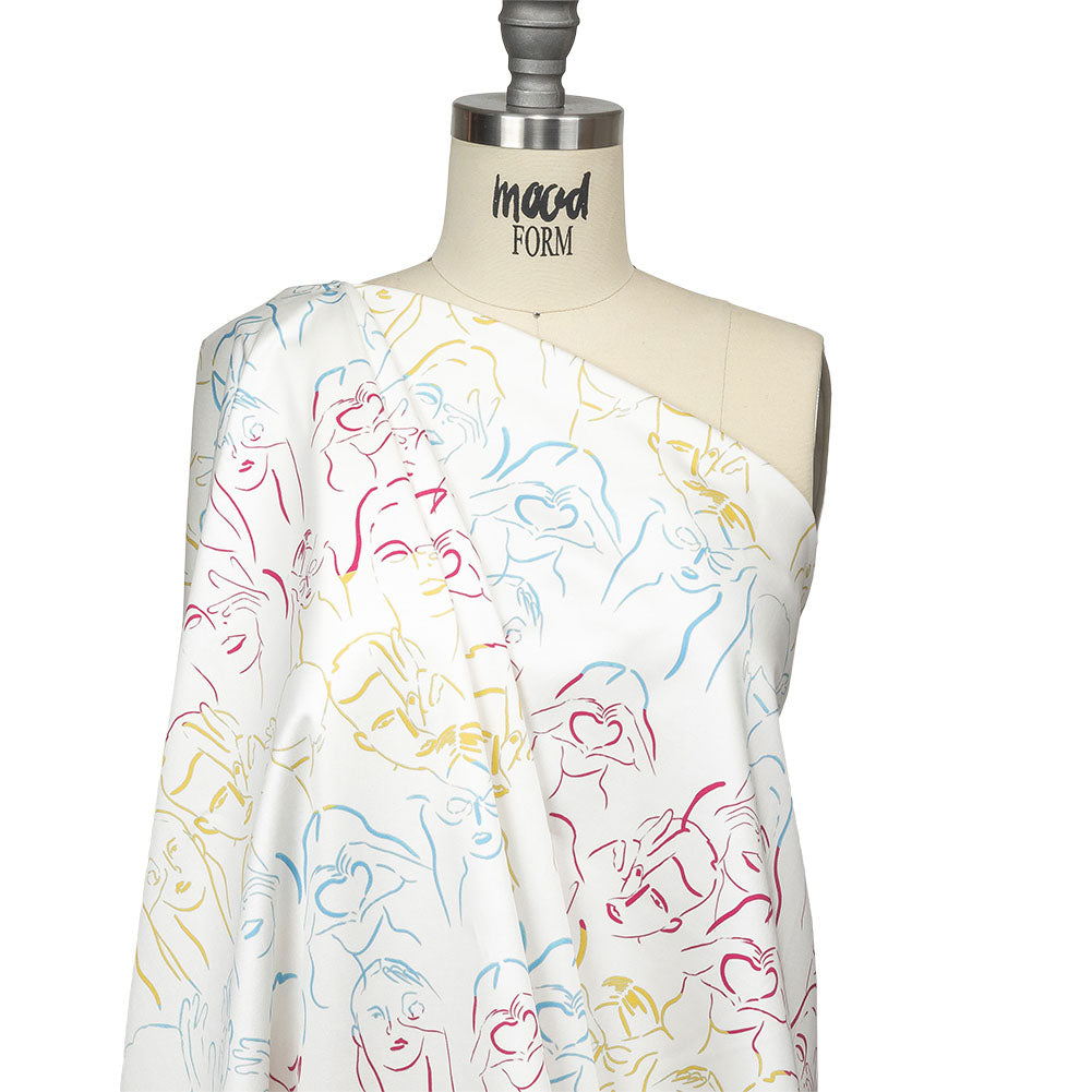 Stretch Cotton Sateen - Blue, Yellow and Pink Faces and Hands - Language of Love Print - Mood Exclusive Pride Collection Stretch Cotton Sateen - Blue, Yellow and Pink Faces and Hands - Language of Love Print - Mood Exclusive Pride Collection