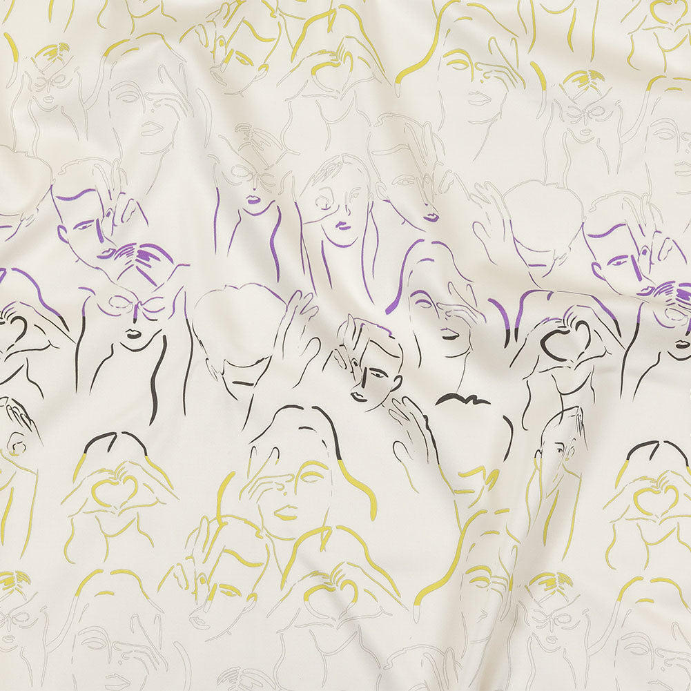 Stretch Cotton Sateen - Purple, Yellow and Black Faces and Hands - Language of Love Print - Mood Exclusive Pride Collection Stretch Cotton Sateen - Purple, Yellow and Black Faces and Hands - Language of Love Print - Mood Exclusive Pride Collection